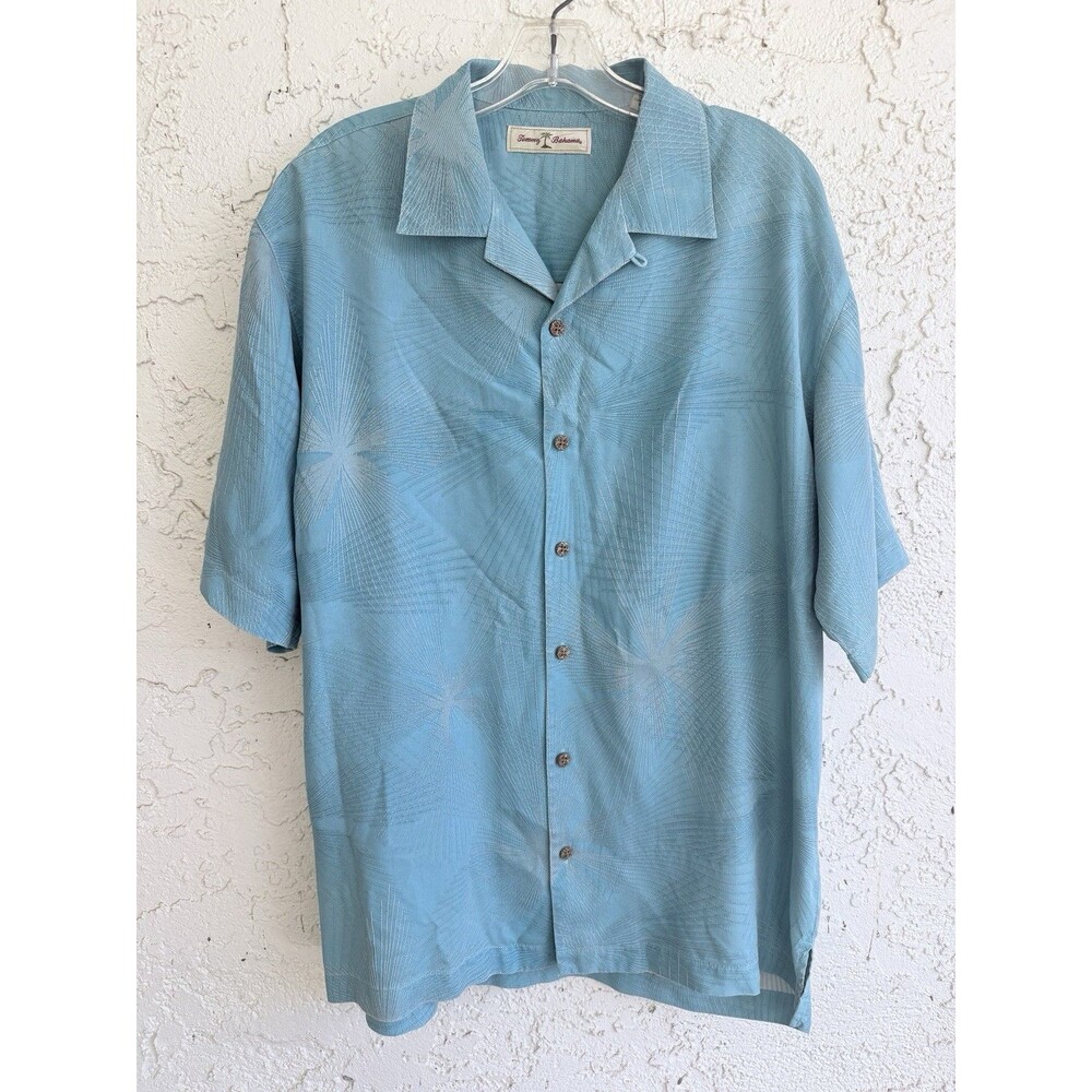 TOMMY BAHAMA 100% Silk Mens Shirt Blue Abstract Print Hawaiian Aloha Size M